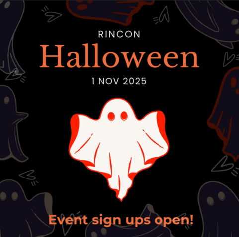 Spooky graphic with a ghost and the following text: RINCON Halloween, 1 NOV 2025, Event signups open!